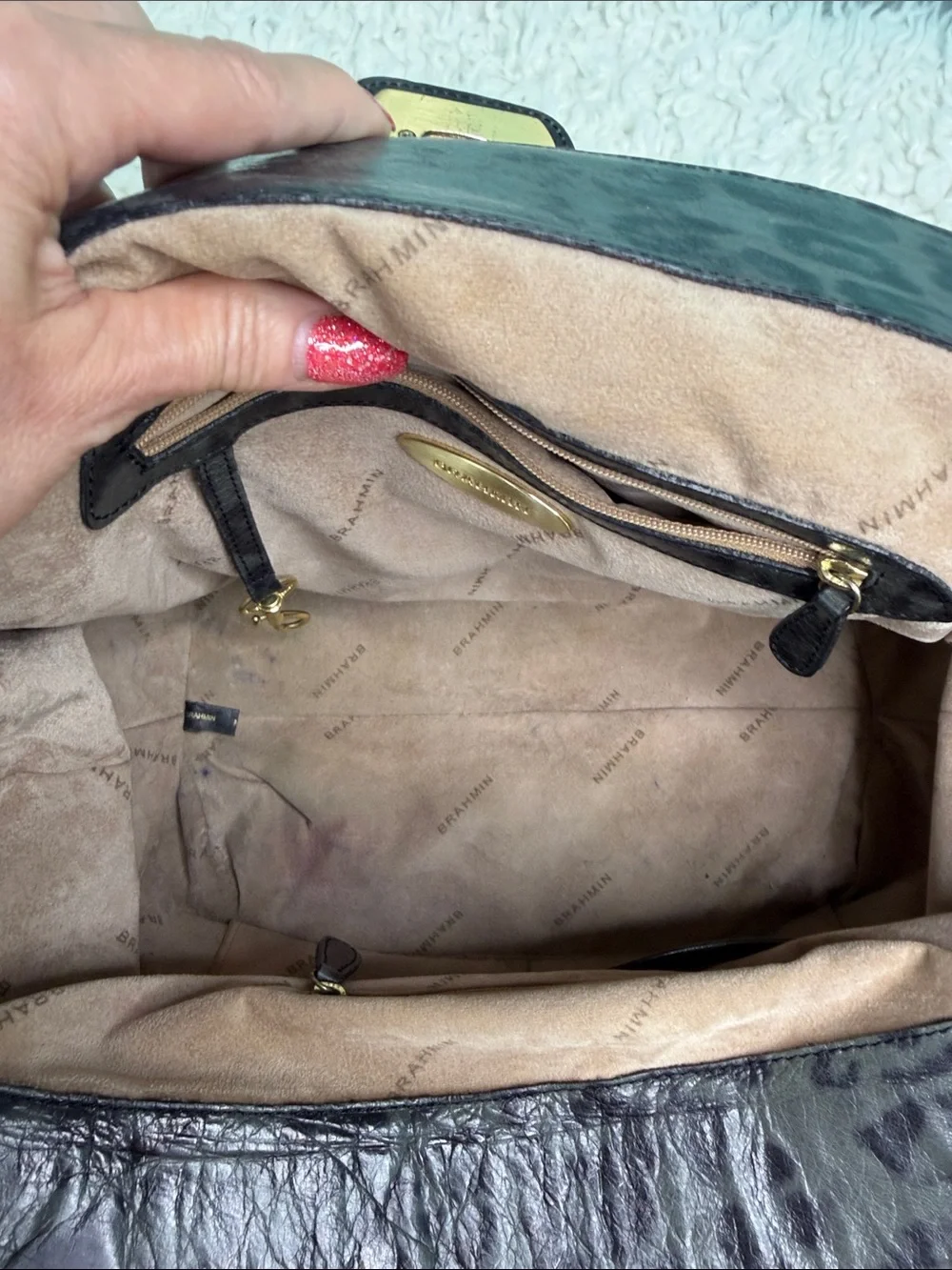 Brahmin Adore Charcoal Leopard-Print Leather Satchel with Gold Hardware
